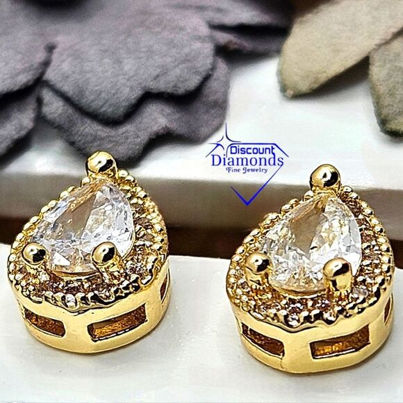 Dainty White Diamond Teardrop 18K Yellow Gold Earrings on 925 Silver - Picture 4 of 8